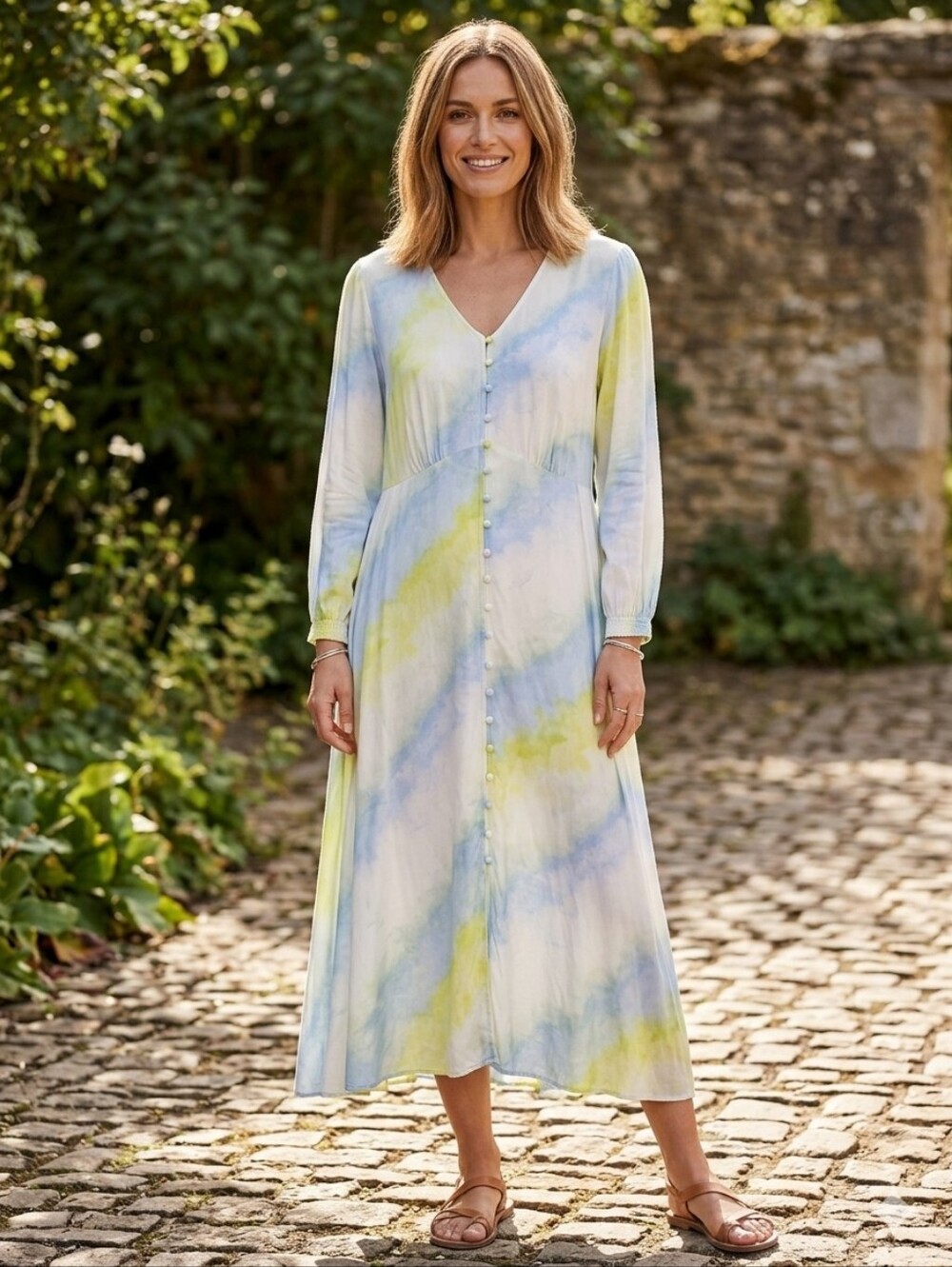 Laurie Felt Tie Dye Rayon Maxi Dress V-Neck Button Front Pastel Blue Yellow M
